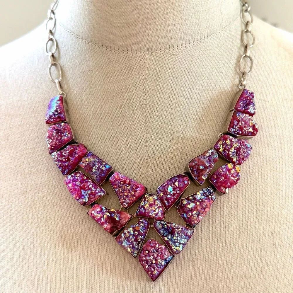 Pink Purple Druzy Statement Necklace Chunky Iridescent Boho Necklace